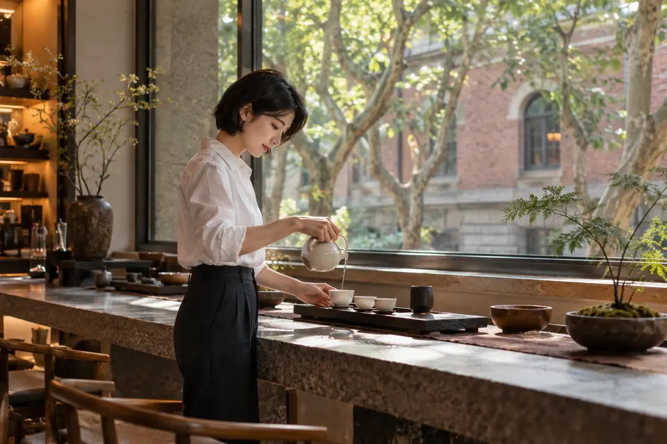 都市梧桐街区内的品茶空间，白瓷茶具与倒茶场景